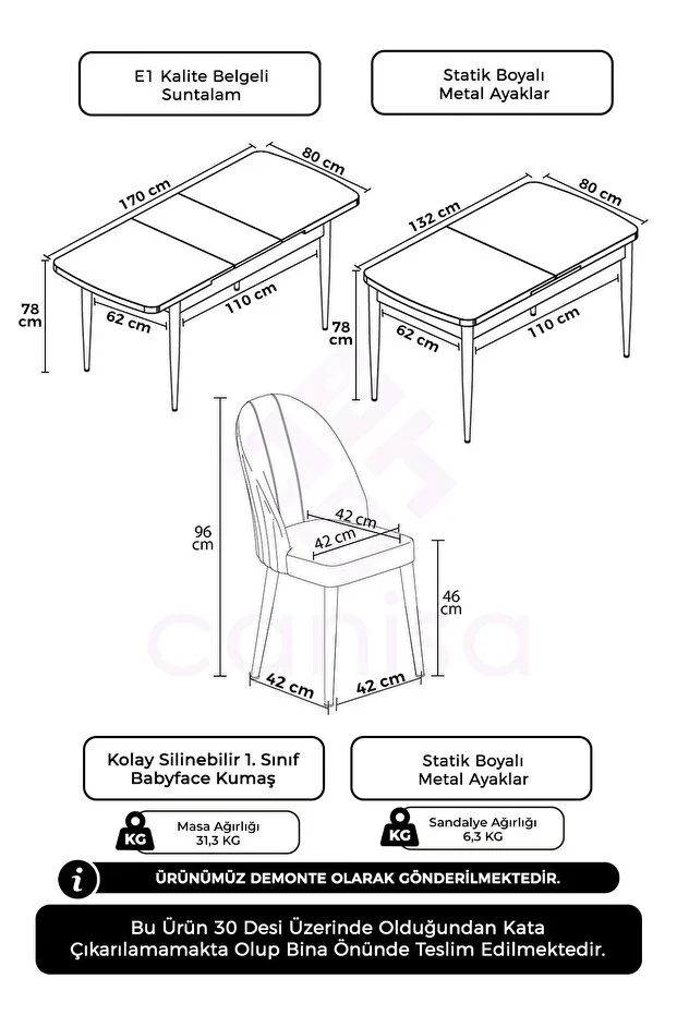 Enya Serisi 80x132 Açılabilir Barok Ahşap Desen Masa Takımı ve 6 Cappucino Sandalye